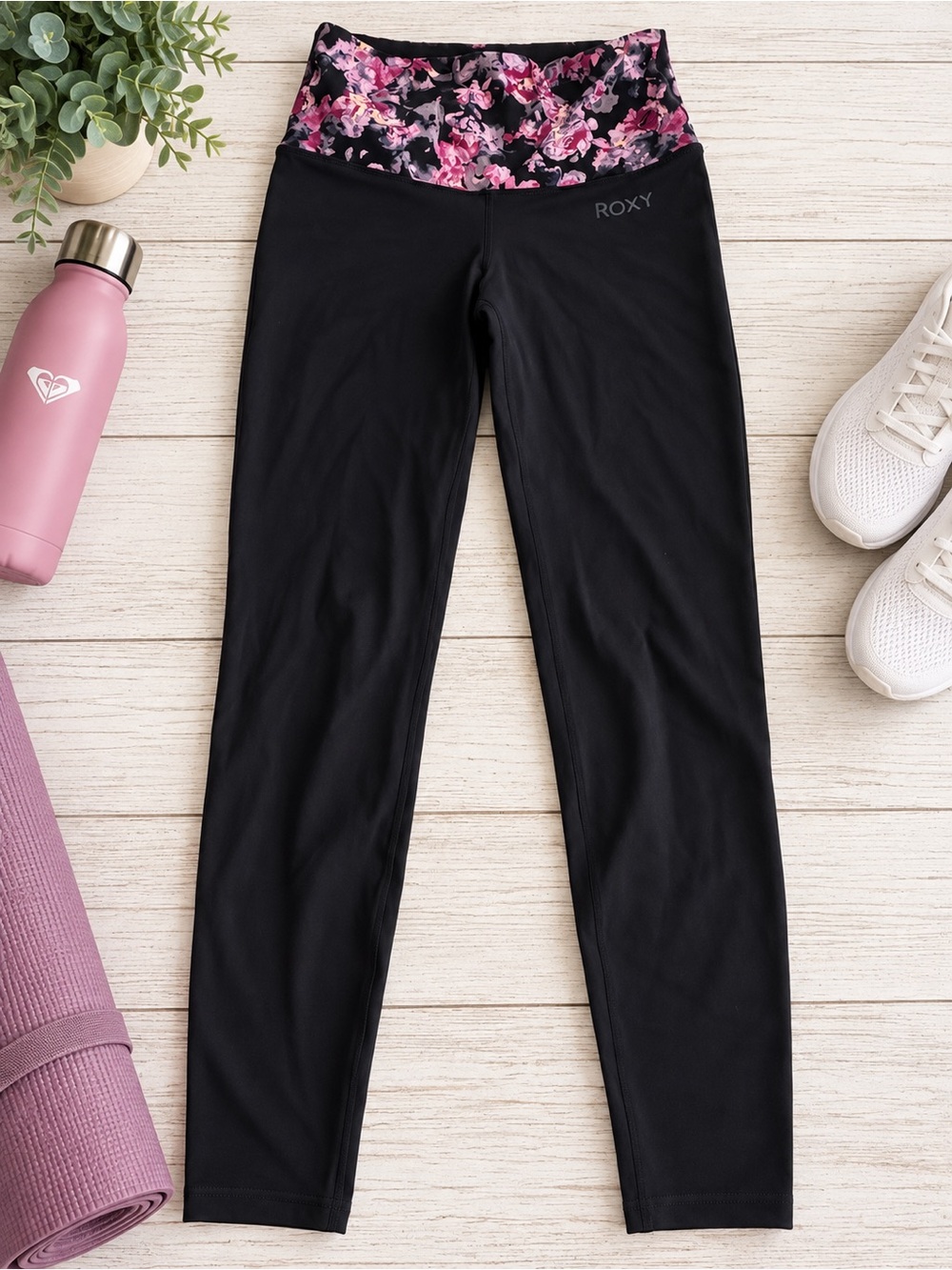 Roxy Black Floral Waistband Athletic Leggings Yoga Pants | Size Small